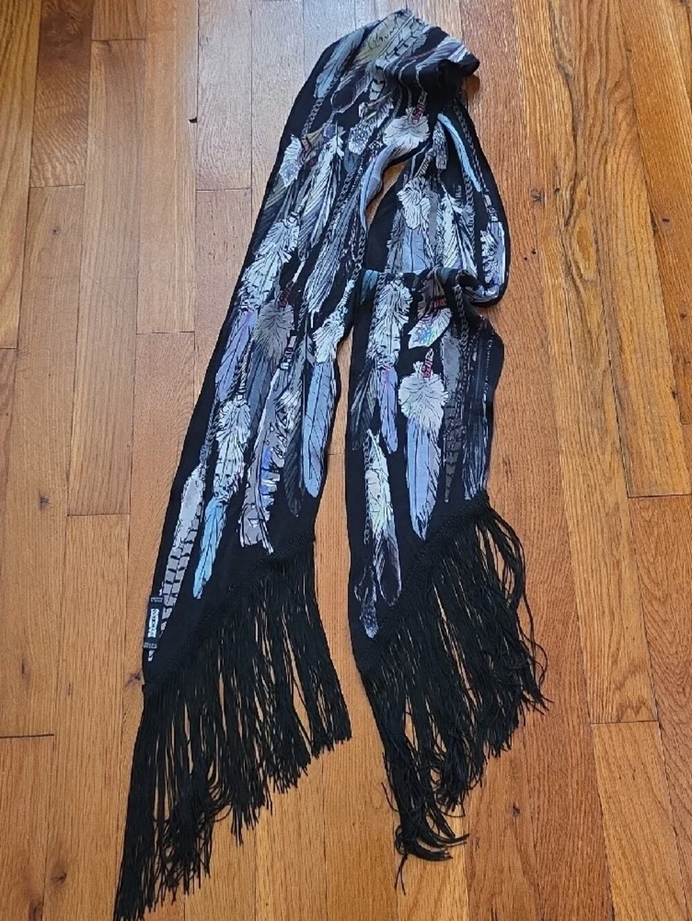 Black Feather Print Fringe Scarf - Women's Wrap